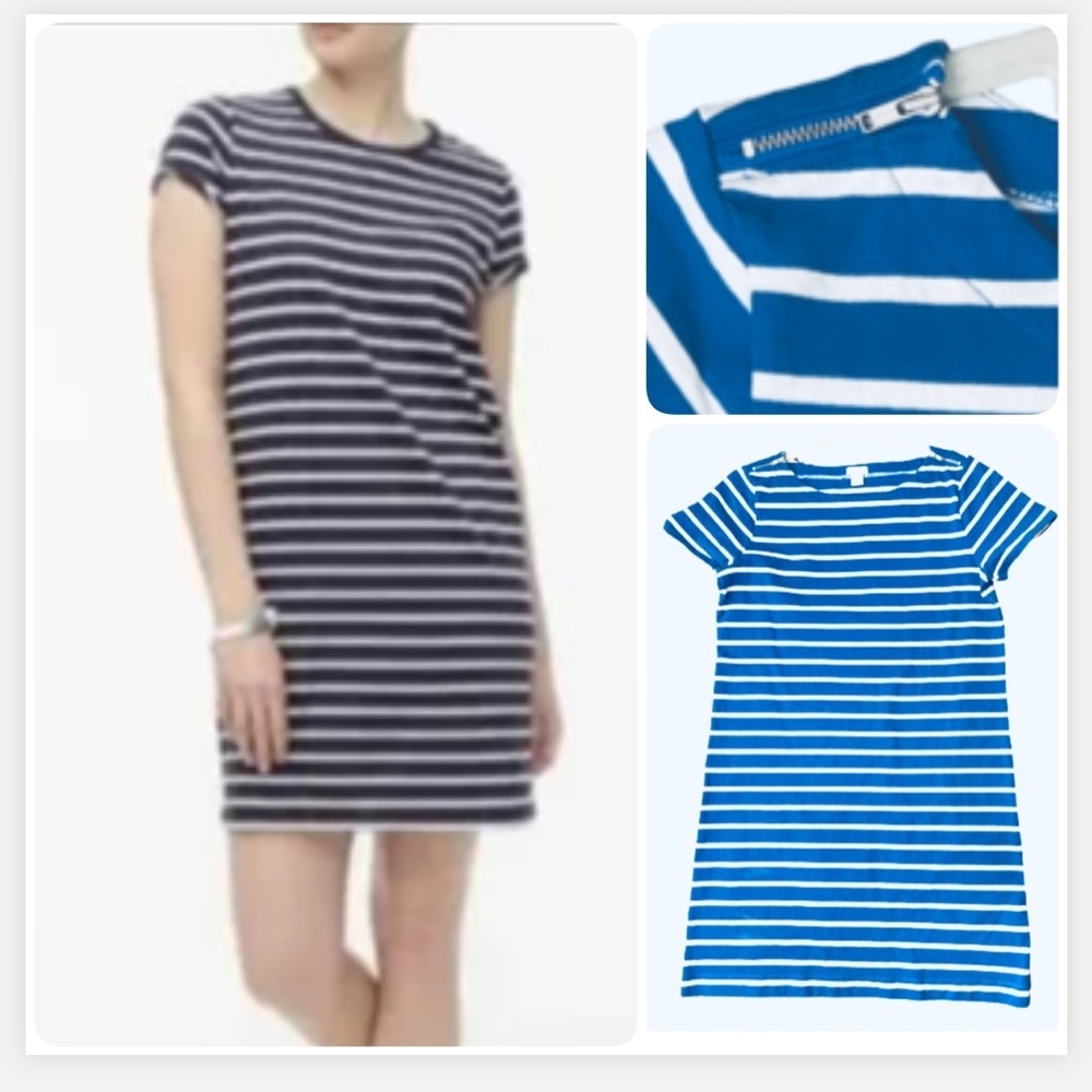 J. Crew Blue & White Striped Mini Sheath T‎ shirt Dress Cap zipper Sleeve medium